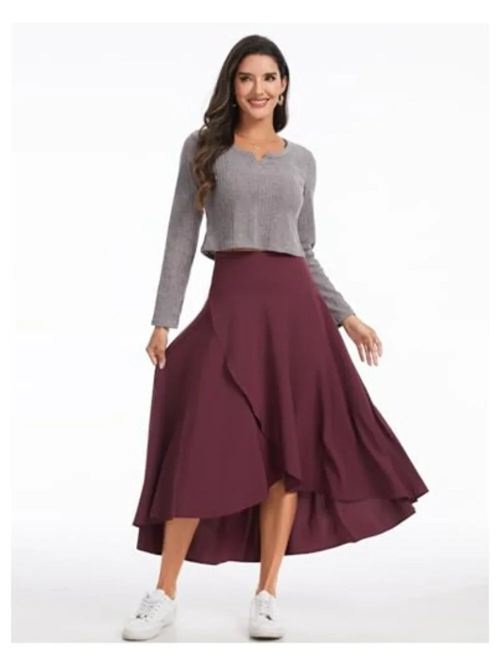 High Waist Flowy Wrap Maxi Skort with Pockets, Tummy Control, Ruffle Hem